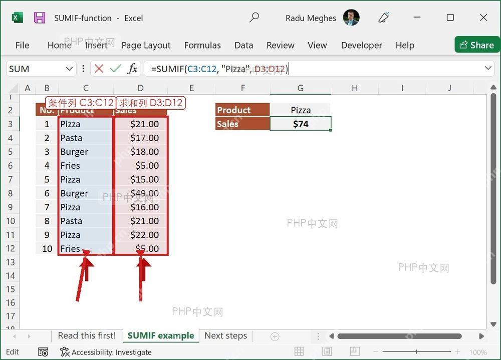 Excel 表格中 SUMIF 的条件列和求和列被标出
