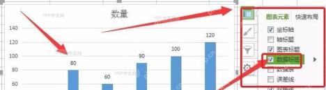 WPS 表格柱形图元素面板中勾选数据标签,用于第四步完善图表信息