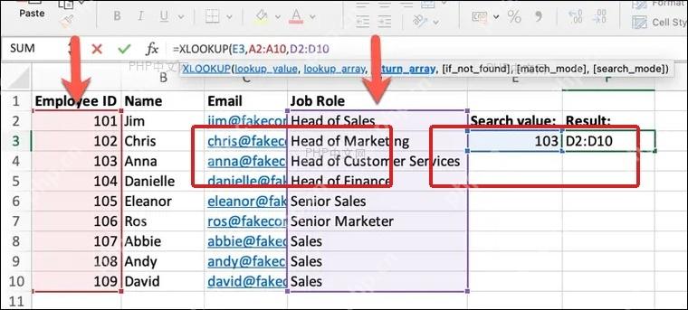 XLOOKUP 公式中分别框选查找区域和返回区域