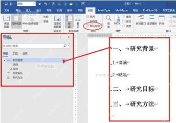 Word 文档中的章节标题和左侧导航标题列表，证明标题样式会生成侧目录树