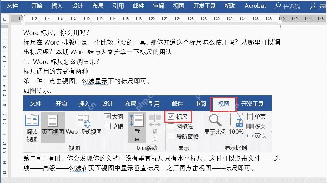 Word视图选项卡中勾选标尺用于检查段落缩进