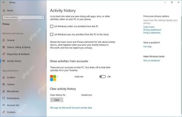 Win10 Activity history 页面显示收集活动和同步活动复选框