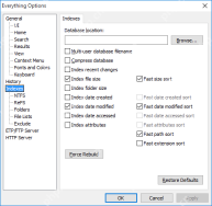 Everything Options 的 Indexes 页面，包含 Index date modified 和 Fast date modified sort。 Indexes 页中直接出现 Index date modified 与 Fast date modified sort。