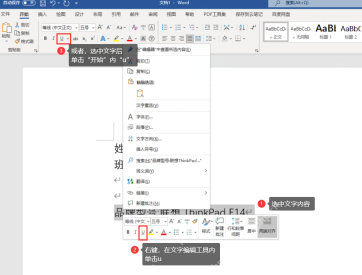 Word开始选项卡中选中文字后点击U下划线按钮