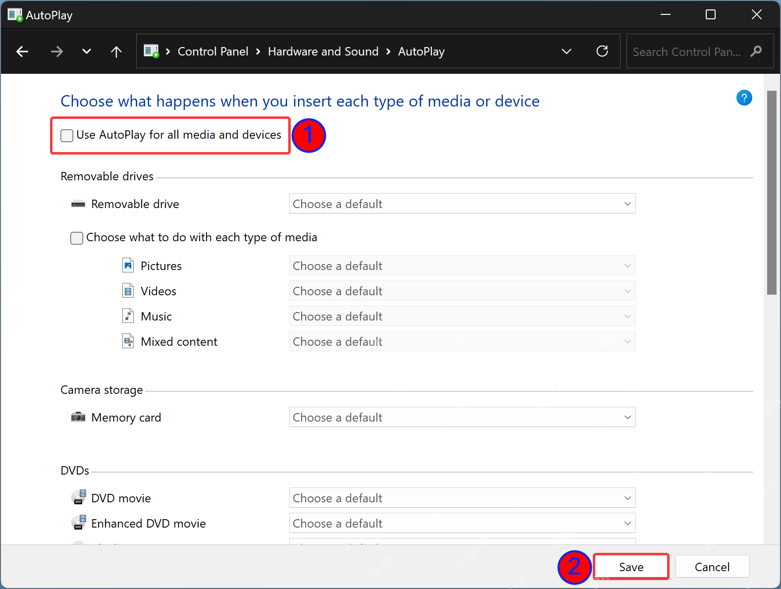 Win11 控制面板 AutoPlay 页面显示 Removable drives 默认动作选择区域