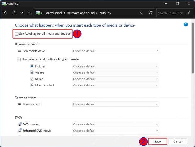 Win11 控制面板 AutoPlay 页面显示 Removable drives 默认动作选择区域