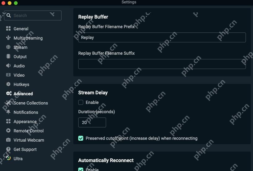 OBS Studio Advanced 设置页显示 Replay Buffer Stream Delay 和 Automatically Reconnect 区域