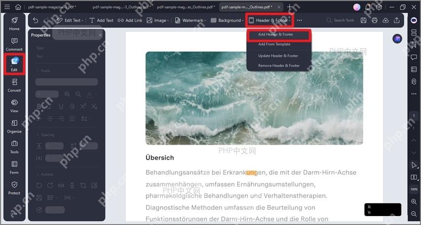 PDFelement 编辑界面的 Header & Footer 菜单,里面包含 Remove Header & Footer 删除命令