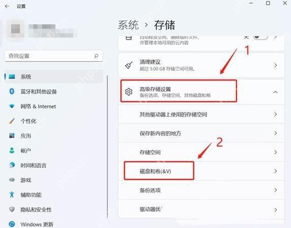 Win11 设置的高级存储设置中进入磁盘和卷