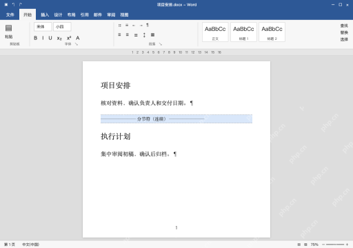 模拟 Microsoft Word 简体中文桌面版完整界面：显示分节符，把光标放在它前面删除