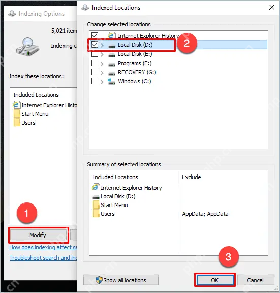 Win10 Indexing Options 中 Modify 打开 Indexed Locations 并勾选位置