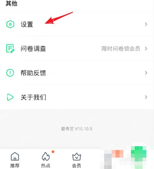 爱奇艺我的页面用红箭头标出设置入口,证明进入应用设置的操作