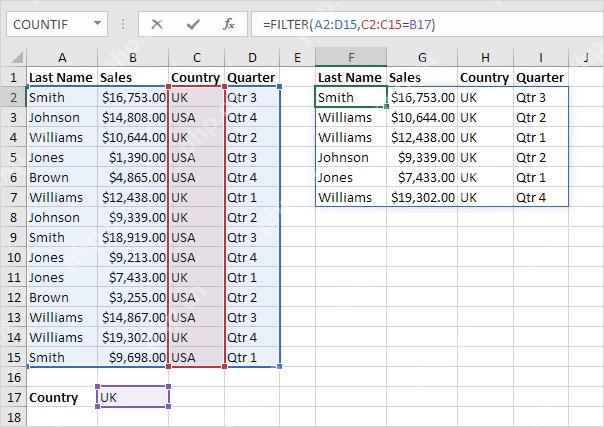 Excel FILTER 公式引用条件单元格 B17 生成筛选结果