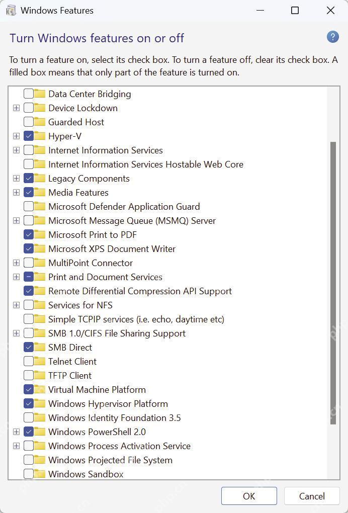 Win11 Windows Features 窗口中显示 Hyper-V 和 Virtual Machine Platform 等复选框状态