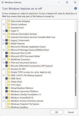 Win11 Windows Features 窗口中显示 Hyper-V 和 Virtual Machine Platform 等复选框状态