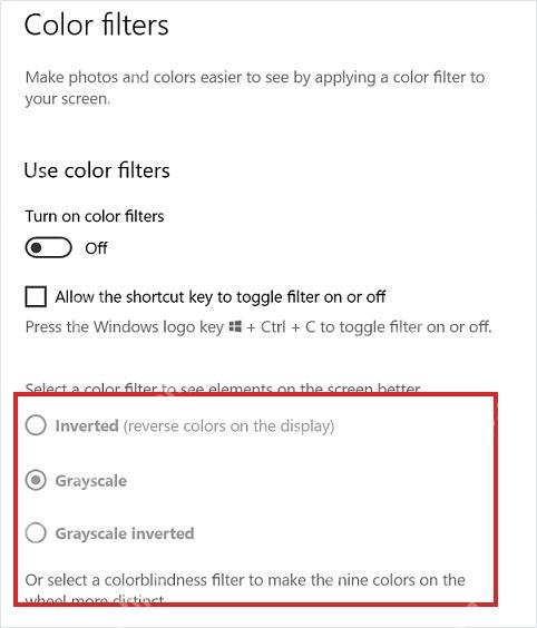 Win10 颜色筛选模式列表包含反色和灰度
