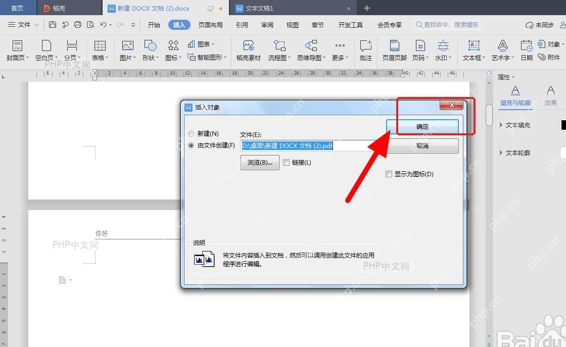WPS文字对象窗口中确认PDF路径并点击确定插入