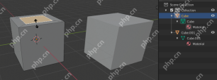 Blender 视图中显示原 Cube 和复制出的 Cube.001，Outliner 同步列出两个对象
