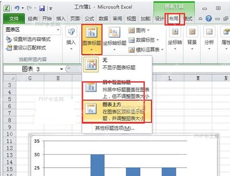Excel 图表工具中打开图表标题菜单并选择图表上方标题