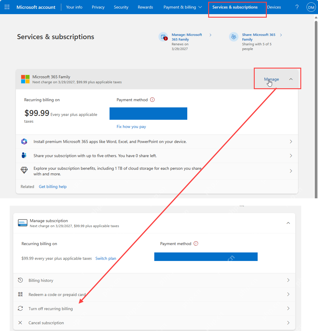 Microsoft account服务和订阅页面中Microsoft 365 Family显示Manage管理入口