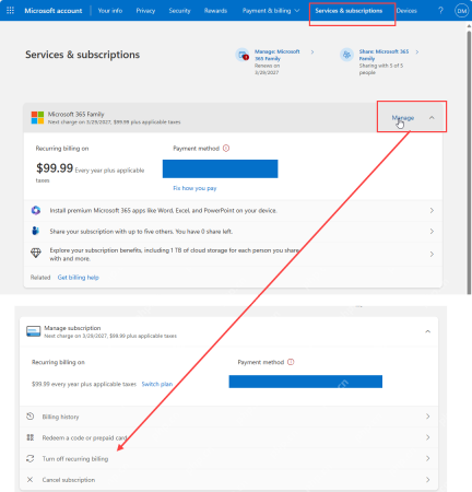 Microsoft account服务和订阅页面中Microsoft 365 Family显示Manage管理入口
