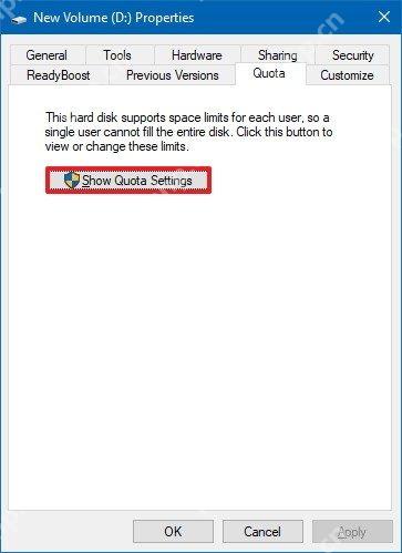 Win10 磁盘属性配额页点击 Show Quota Settings