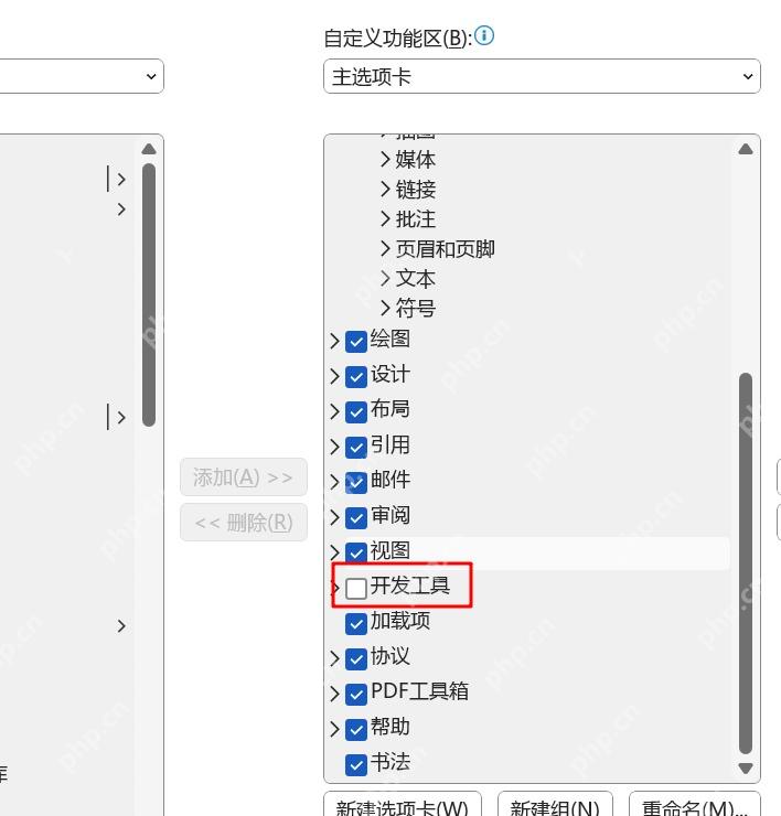 在Word自定义功能区的主选项卡列表中勾选开发工具