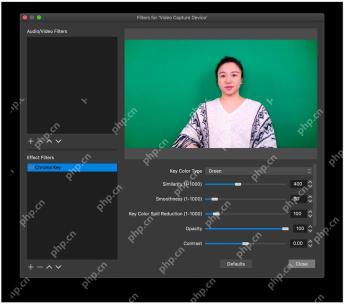 OBS Studio Chroma Key 滤镜窗口显示绿色背景预览和相似度平滑度滑块