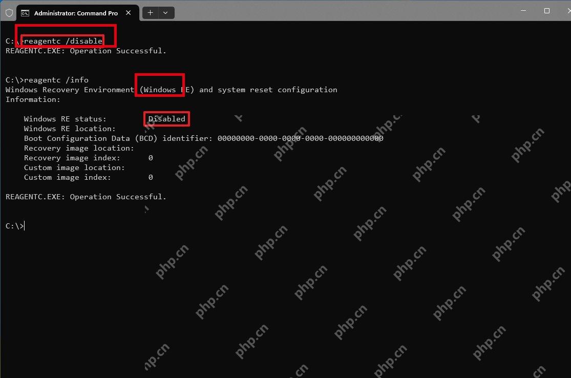先看 Windows RE status 是否为 Disabled。