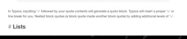 Typora Blockquotes 说明区域显示输入 > 后生成 quote block，对应退出和检查引用块。