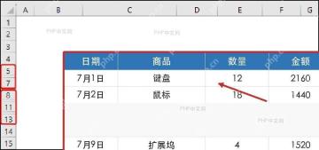 Excel 表格中已选中包含隐藏行的数据区域