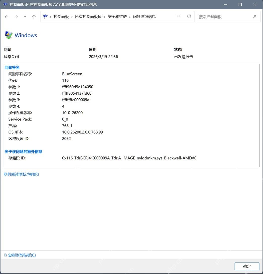 Win11问题报告页面显示故障模块和问题签名