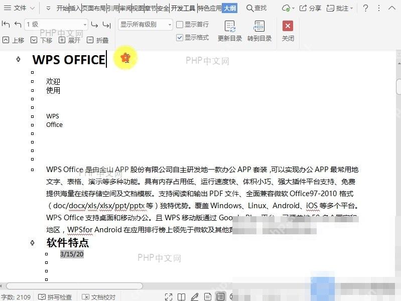 Word在文档大纲视图中如何直接调整项目级别?入口位置