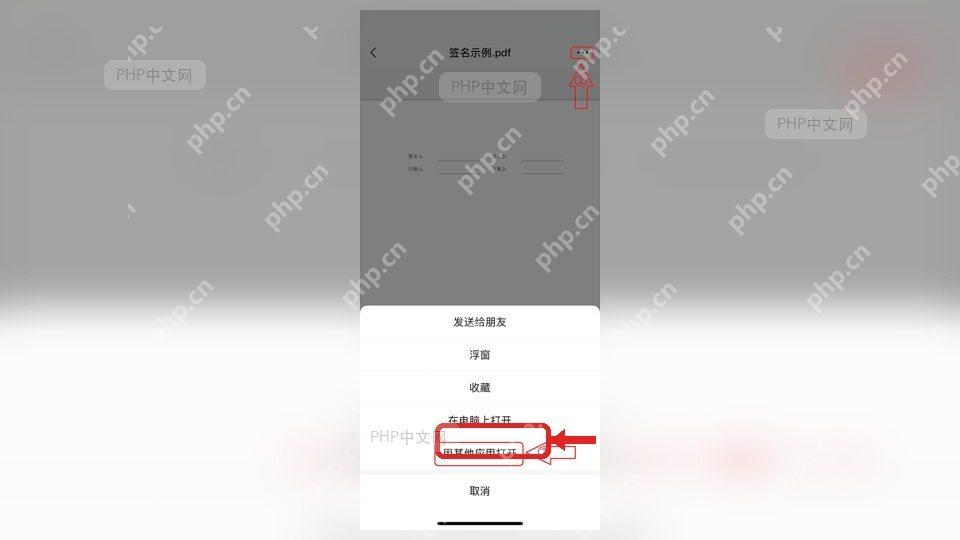 手机文件预览页底部菜单中的用其他应用打开选项，用于把导出的PDF或Word作为文件分享到微信或QQ