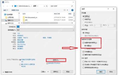 Word PDF 选项窗口中显示创建书签和导出范围设置