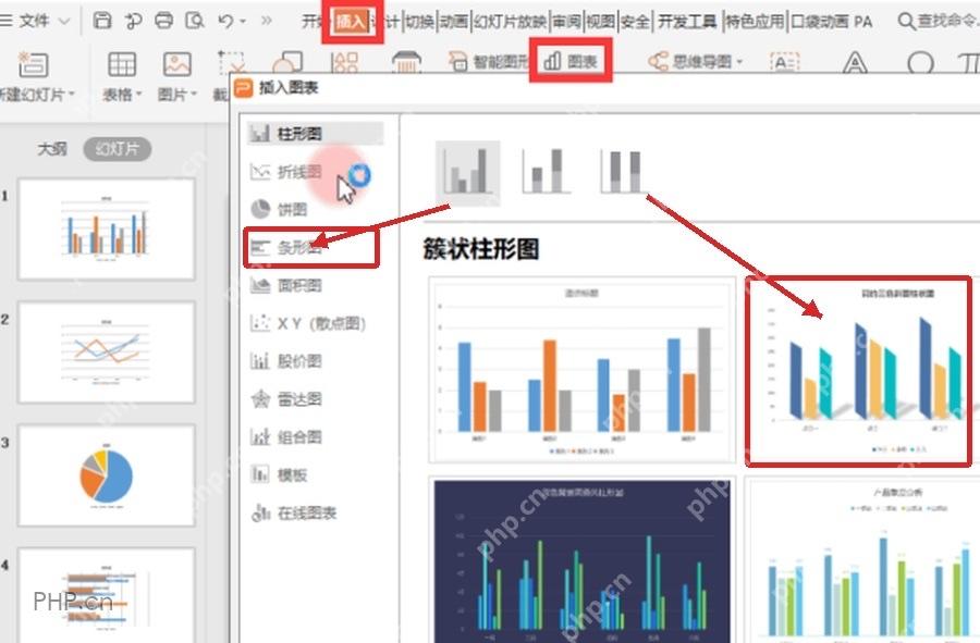 PPT 插入图表窗口中标出条形图分类和图表预览区