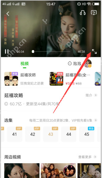 爱奇艺手机视频播放页显示全屏和播放控制按钮
