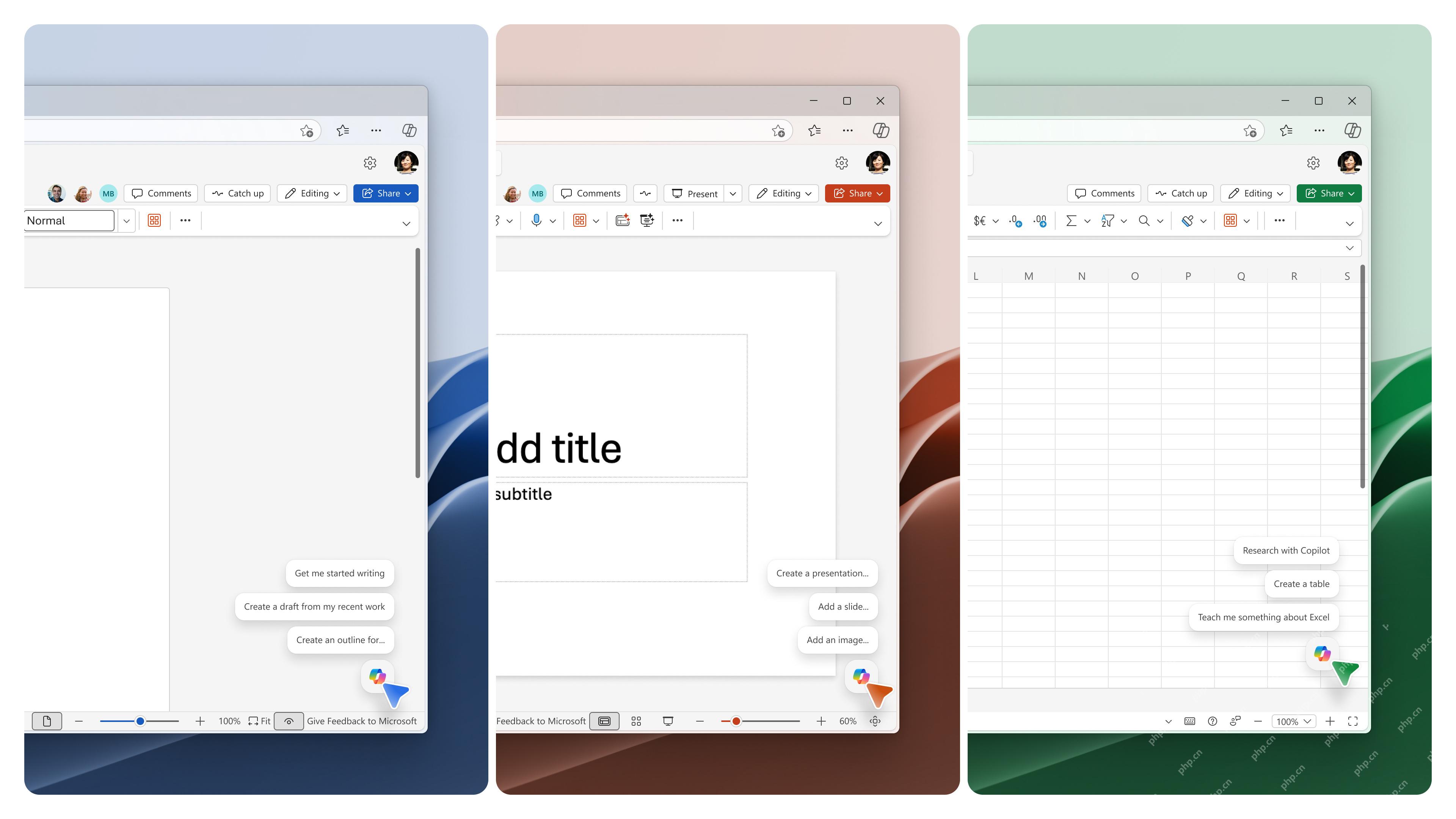 Microsoft 365 Word Excel PowerPoint 中的 Copilot 动态操作按钮入口