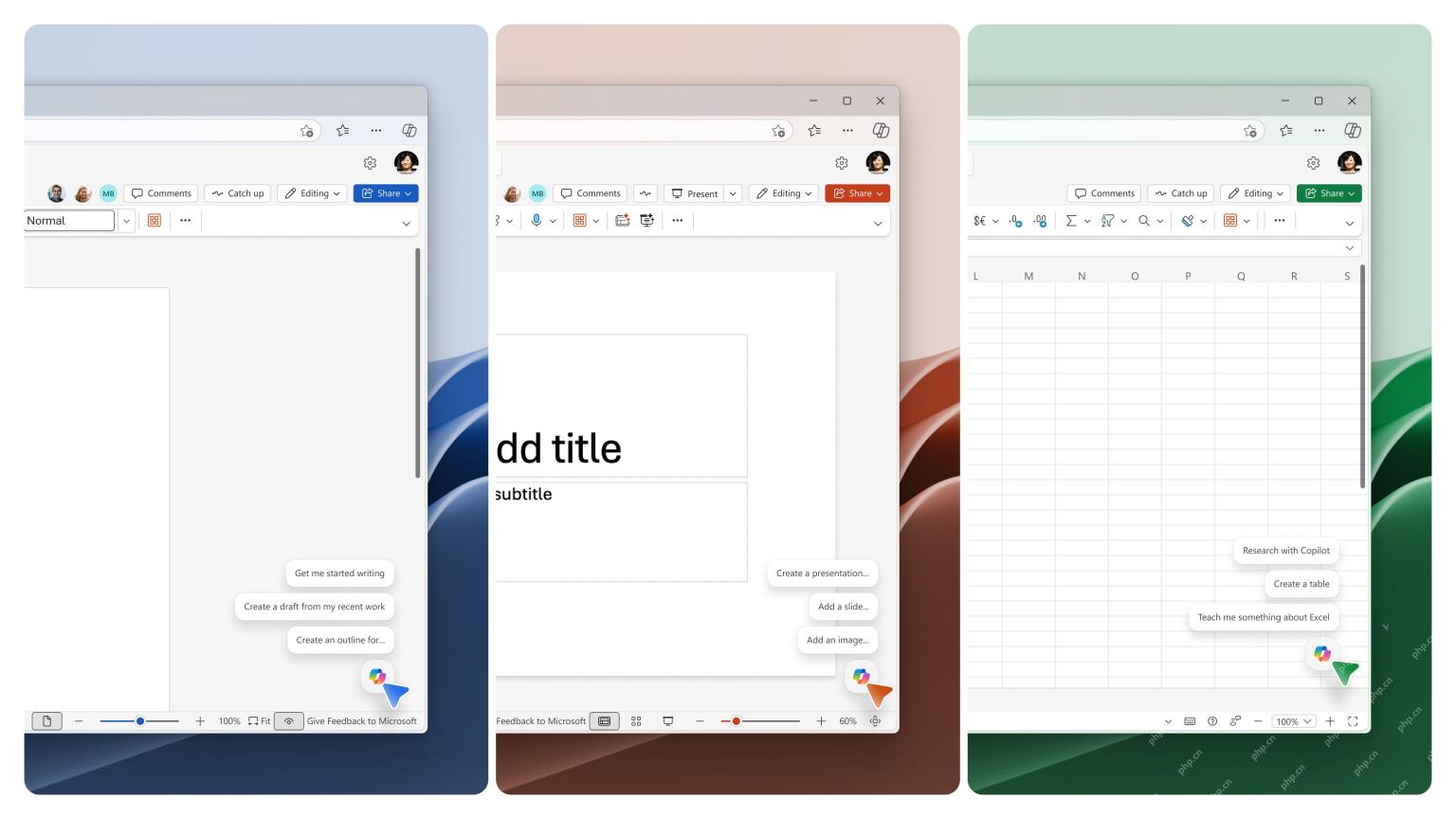 Microsoft 365 Word Excel PowerPoint 中的 Copilot 动态操作按钮入口