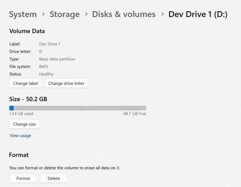 Windows 11 磁盘和卷属性显示 Dev Drive 盘符容量和 ReFS 文件系统