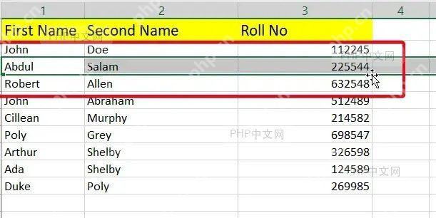 Excel 中对选中行执行剪切命令后的状态