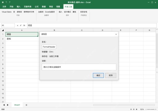 模拟 Microsoft Excel Windows桌面版 完整窗口：宏命名为 FormatHeader，保存在当前工作簿
