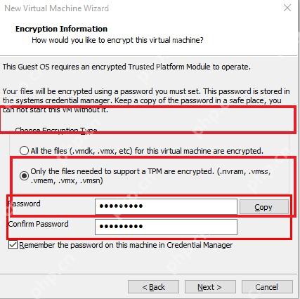 VMware Workstation 新建虚拟机向导 Encryption Information 页面提示 TPM 需要加密支持