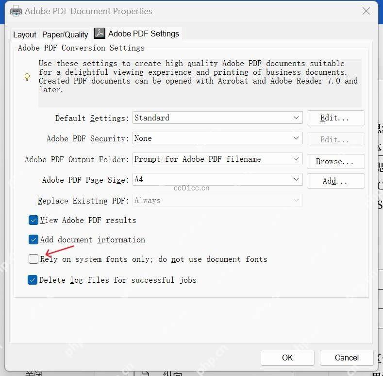 Adobe PDF设置窗口中显示不要只依赖系统字体选项