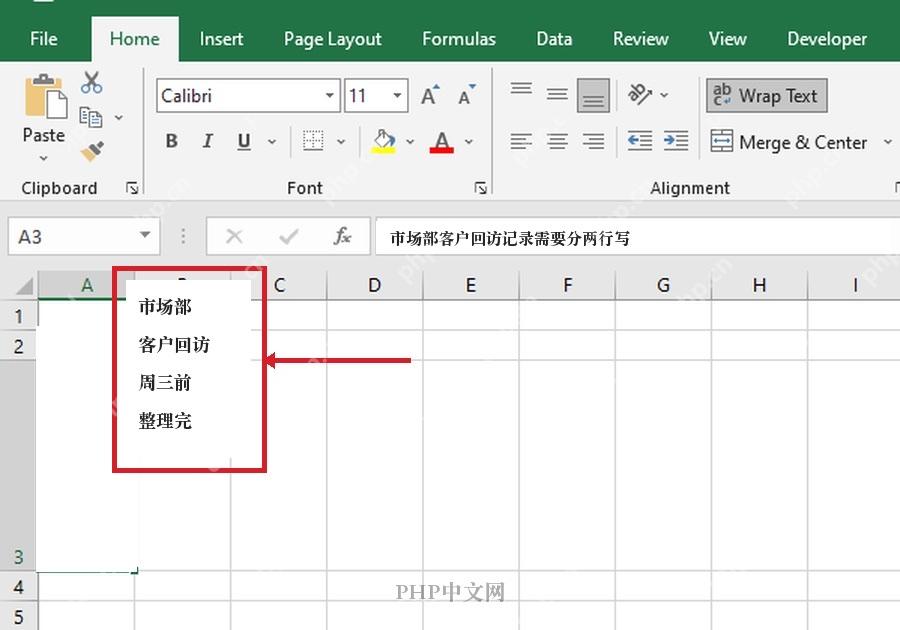 Excel A3 单元格内客户回访记录按多行显示的结果