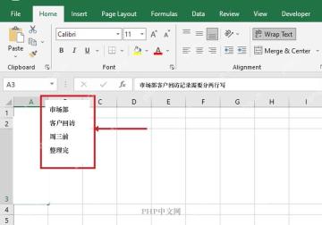 Excel A3 单元格内客户回访记录按多行显示的结果