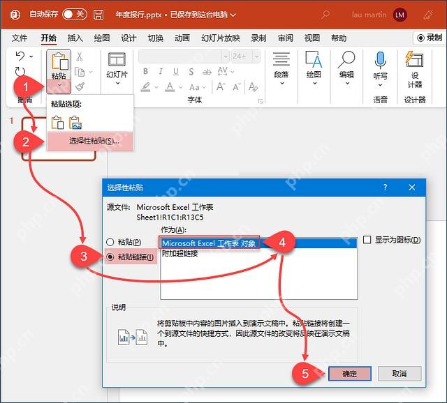 PowerPoint 选择性粘贴中选择粘贴链接工作表对象