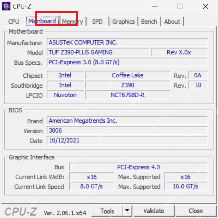 CPU-Z Windows Mainboard 标签页高亮主板和图形接口信息