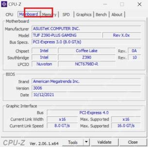 CPU-Z Windows Mainboard 标签页高亮主板和图形接口信息