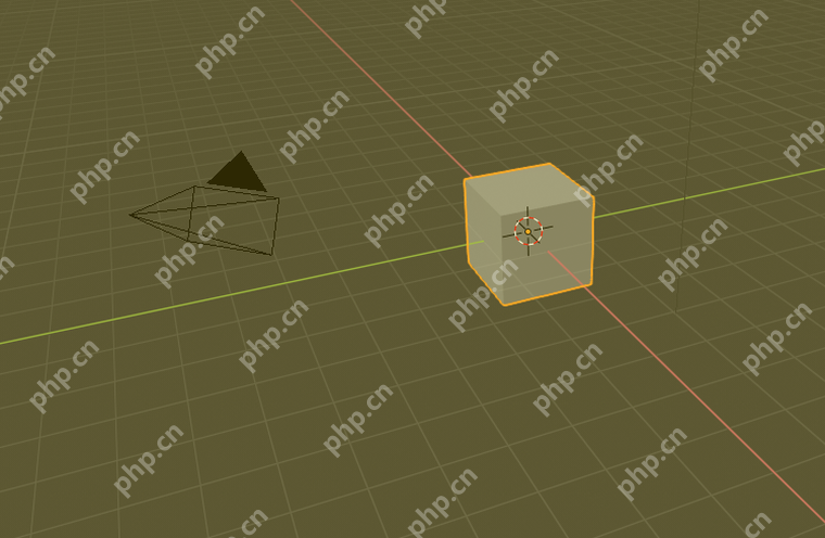 Blender 3D Viewport 中立方体位于网格中心,旁边可见相机和灯光